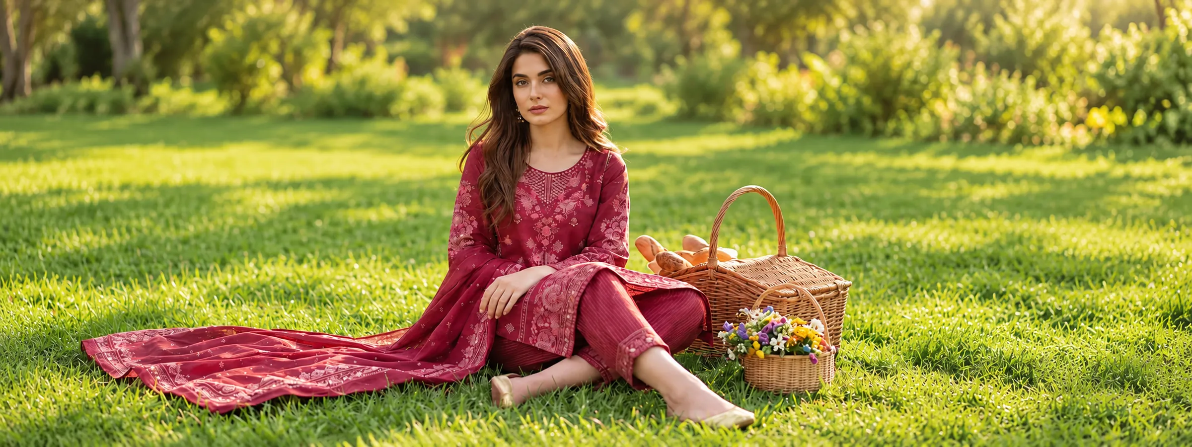Woman in maroon suit on lush grass with picnic basket in signature 3-piece ensemble